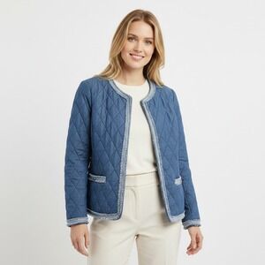 Preppy Quilted Denim Lady Jacket Blue Tweed Trim Collarless Talbots Size 12